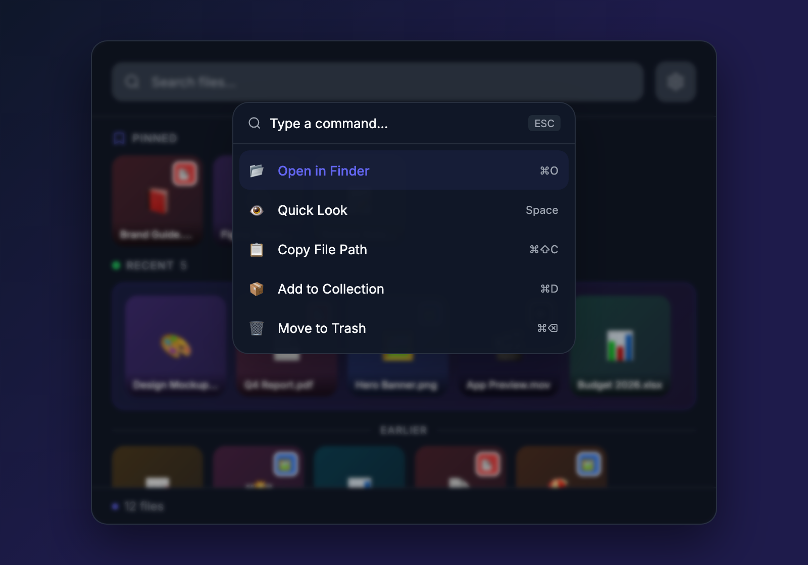 Float command bar showing search results and available actions