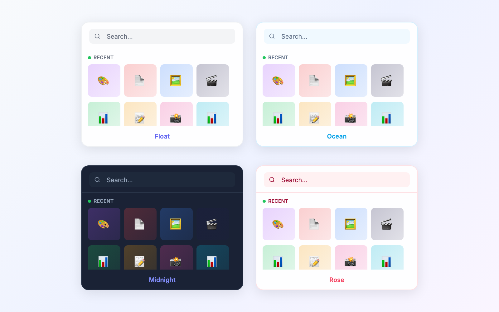 Float in multiple theme variants showing day and night modes