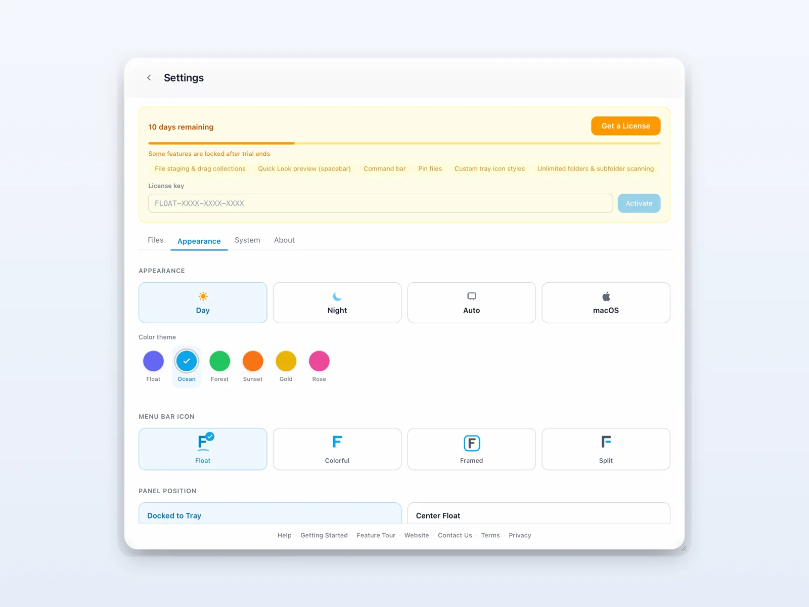 Settings page showing the License card at the top with a paste field and Activate button