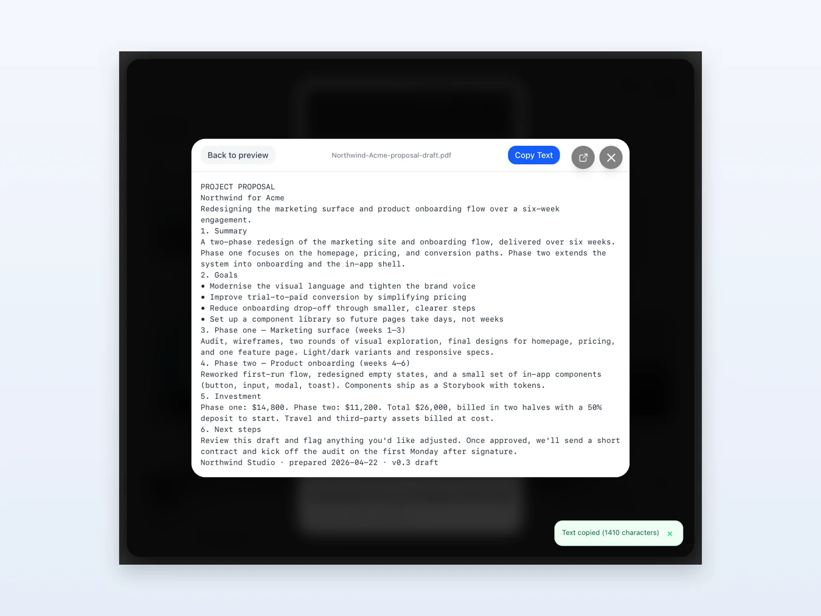 Float preview modal showing OCR-extracted text from a PDF with a Copy Text button