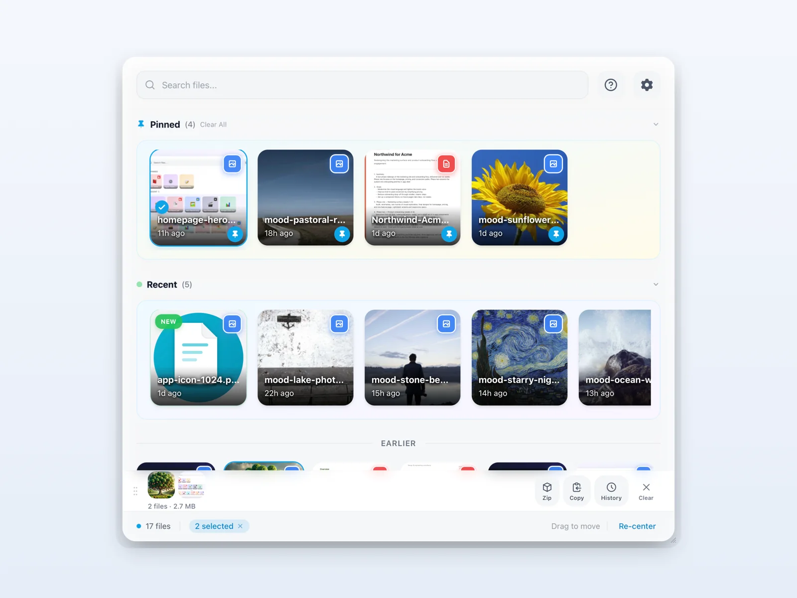 Float panel with a Pinned section at the top showing 4 pinned files, plus a Recent section below