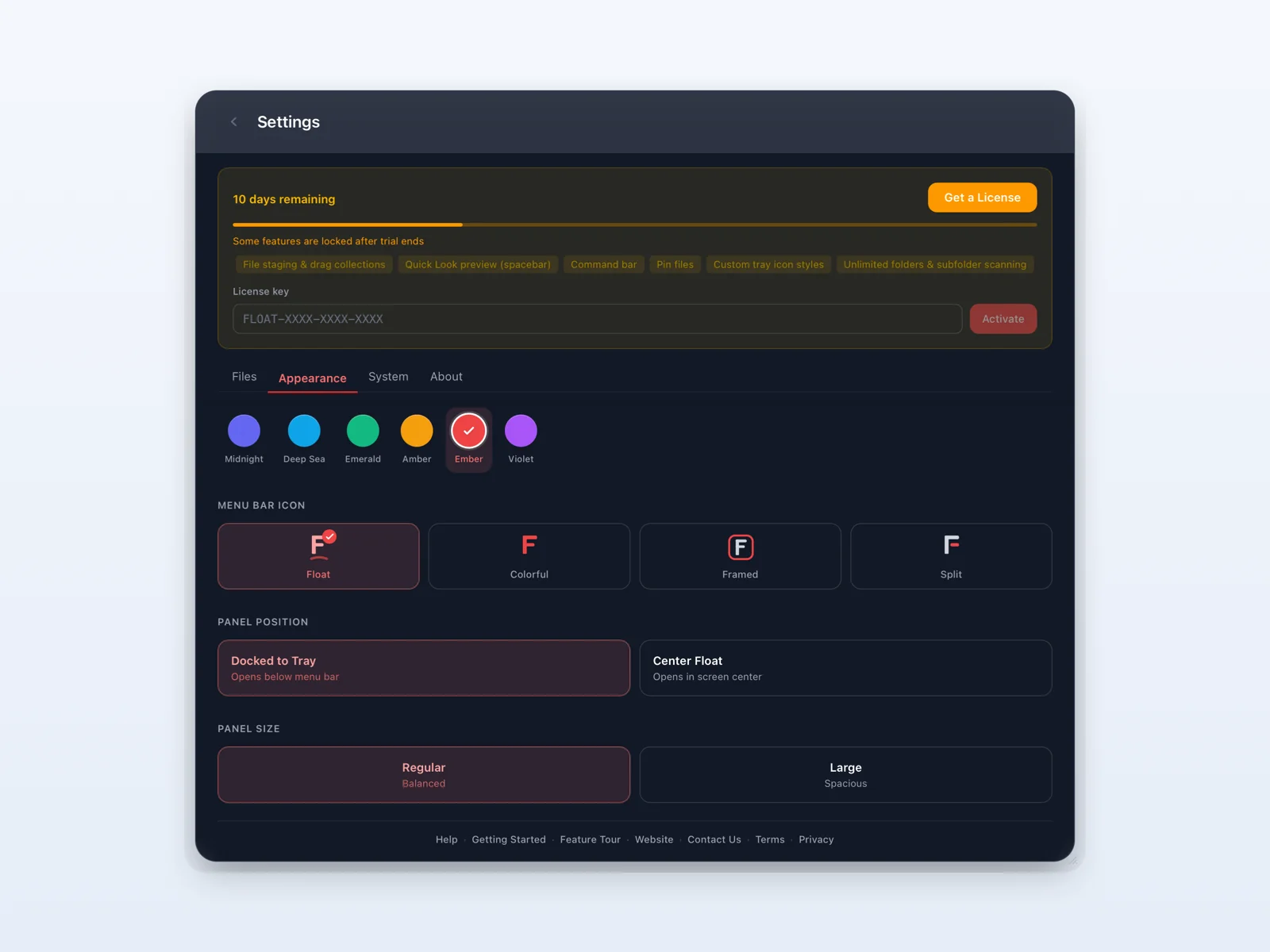 Settings Appearance tab showing the 12-color theme picker with a non-default theme selected